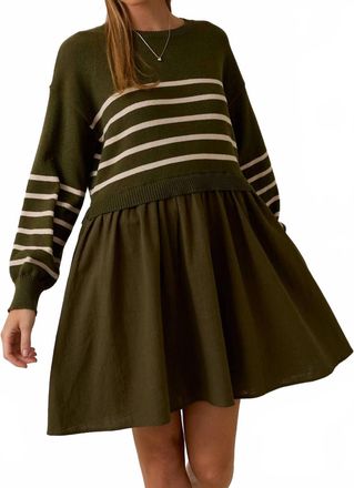 Le Lis Blanc Deux Benson Striped Knit Combo Dress In Olive