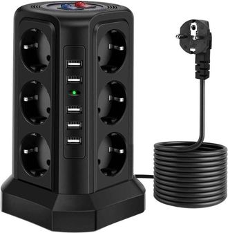 OEM Regleta De Enchufes Vertical Con Enchufe Europeo, 12 Tomas De Corriente Con 5 Interruptores De Protecci&oacute;n Contra Sobretensiones Usb (color: Negro, Tam