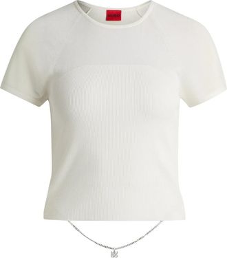 HUGO BOSS Geribbelde Gebreide Doorschijnende Crop Top - Dames - T-shirts - Beige - M - Tops