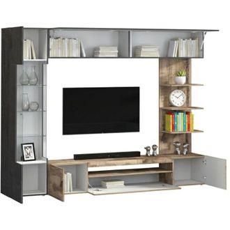 Dmora Parete Attrezzata Galatina, Mobile Soggiorno 8 Ripiani, Apertura Battente Made in Italy, 12 Vani, 245x40x191.2h cm Marrone Acero