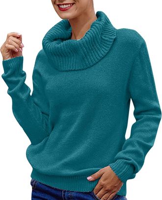 Generic Roll Neck Jumpers for Women UK Clearance Size 14 Sleeve Women Turtleneck Knitted Solid Jumper Pullover Sweater Long Top Blouse Womens Blouse Green