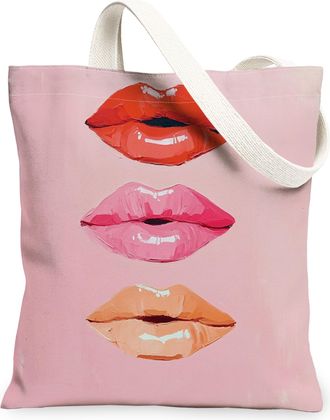 Generic Peach Lips Canvas Tote Bags, Funky Lip Print Reusable Grocery Bags, Summer Fashionable Lightweight Washable Shoulder Strap Canvas for Travel Shopping 