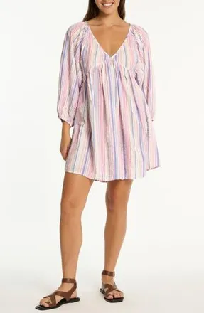 Sea Level Australia Boho Stripe Long Sleeve Cover-Up Dress in Blue at Nordstrom Rack, Size X-Large