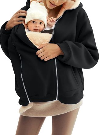 Generic Women Fleece Zip Up 2 in 1 Baby Wearing Jacket Maternity Winter Coat Thicken Mom Hoodie Sweatshirt Babywearing Outerwear Black