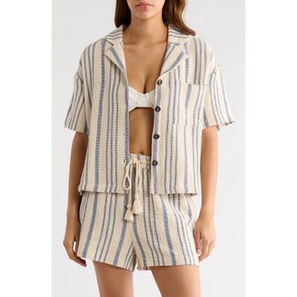 Elan Knit Short Sleeve Button-Up Cover-Up Shirt in Blue Stripe at Nordstrom, Size X-Small