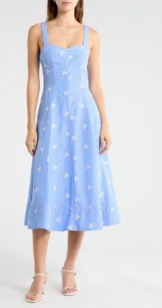 Avec Les Filles Floral Embroidery Stripe Midi Dress in Blue Stripe at Nordstrom, Size 10