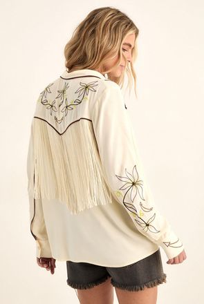 NASTY GAL Womens Embroidered Fringe Western Shirt Co-ord - Cream Viscose - Size 16 UK