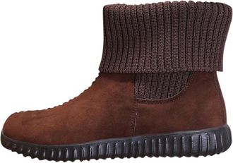 Generic Coffee Ladies Casual Ankle Boots Slip On Flat Round Toe Solid Color Warm Winter Boots Comfortable Short Boots for Everyday Wear Flock Upper