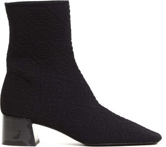 Tory Burch T Monogram Stretch Enkellaars - Dames - Laarzen met Hak - Zwart - 41 EU - Katoen - Schoenen