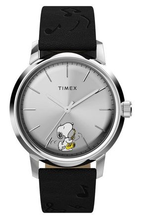 Timex x Peanuts Marlin Saxophonist Automatic Leather Strap Watch, 40mm in Silver at Nordstrom