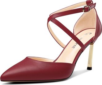 Castamere Womens High Heel Pointed Toe Pumps Court Shoe Ankle Strap Cross-Strap Wedding Dress 8.5 CM Heels Burgundy Red 6.5 UK