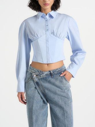 Mani&egrave;re De Voir Margot Cotton Corset Shirt in Pale Blue at Nordstrom, Size 10