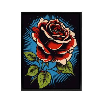 Artery8 Old School USA Tattoo Rose Flower Framed Canvas Wall Art Print in Red | Size: W24 x H32