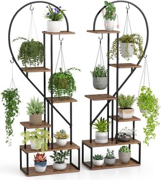 Costway 2 Pack 6-Tier Metal Plant Stand Heart-Shape Ladder Plant Shelves-Brown