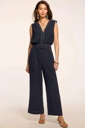 Ramy Brook Astrid V-Neck Belted Sleeveless Textured Jumpsuit In Navy