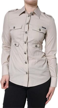 Dolce & Gabbana Overhemden, Dames, Beige, S, Katoen, Katoenen overhemd met kraag en knopen