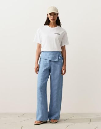 Oysho Pantaloni dritti in 100% lino blu con risvolto in vita