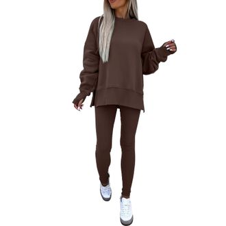 Generic Orange Tracksuite Womens 2 Piece Outfits Casual Long Sleeve Pullover Hooded Crop Top Sets Ladies Twin Sets Tops (Coffee, L)