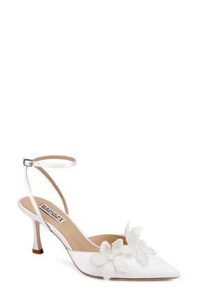 Badgley Mischka Whitman Ankle Strap Pointed Toe Pump in White Satin at Nordstrom, Size 5.5