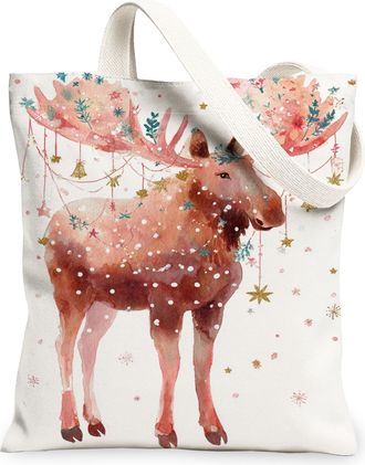 Generic Christmas Moose Canvas Tote Bags, Vintage Animal Floral Reusable Grocery Bags, Winter Lightweight Washable Shoulder Strap C, White, 13x15 Inch