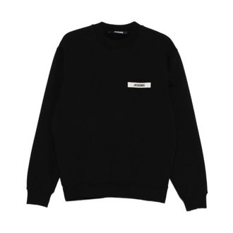Jacquemus Sweatshirts, male, Black, 2XL, Black Crew Neck Jumper Logo Patch