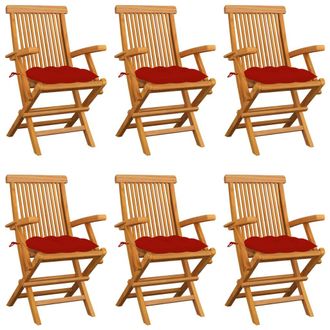vidaXL Vidaxl Sillas De Jard&iacute;n 6 Uds Madera Maciza De Teca Con Cojines Rojos