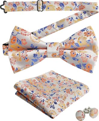 Alizeal Mens Floral Pattern Pre-tied Bow Tie, Pocket Square and Cufflinks Set, Orange+Royal Blue