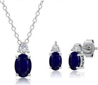 MAX + STONE 925 Sterling Silver Genuine Blue Sapphire and White Topaz Stud Earring and Pendant Set