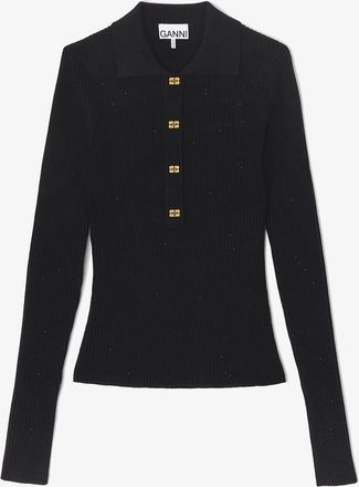 Ganni Black Fine Sequin Knitted Polo - Size XXS Wool