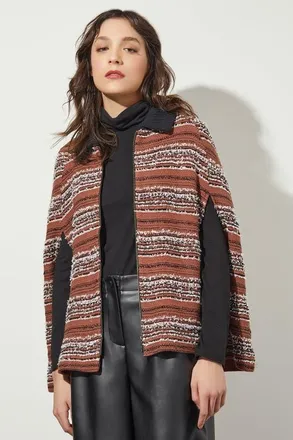 Ming Wang Collared Zip Front Cozy Knit Cape in Chestnut/black/ivory at Nordstrom, Size Large
