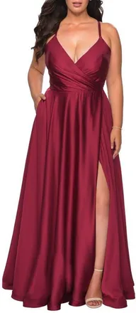La Femme Satin A-line Plus Dress with Lace Up Back and Pockets in Wine at Nordstrom, Size 14W