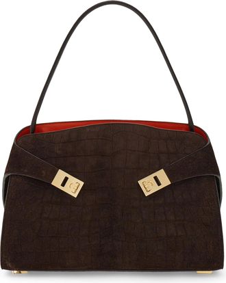 Ferragamo Structured Crocodile-Embossed Handbag with Gold-tone Accents