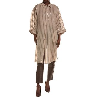 Brunello Cucinelli WomenS Coffee Cream Long Sequin Striped Cotton Shirt, Size M