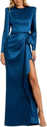 Mac Duggal Petite Long Sleeve Satin Structured Bow Draped Column Gown in Ocean Blue at Nordstrom, Size 12P