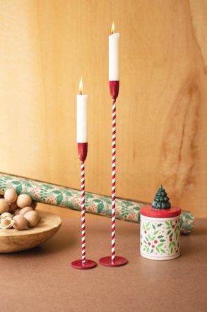 Kalalou Set Of Two Red And White Candy Cane Taper Candle Holders