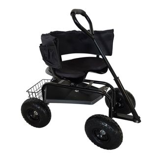 Relaxdays Taburete De Jard&iacute;n Rodante Relaxdays, Ajustable En Altura, 150 Kg, Almacenaje, Manillar, Coj&iacute;n, Respaldo, Negro