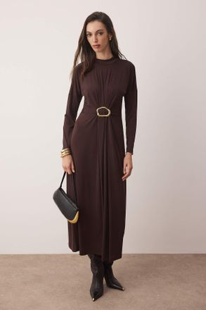 Trendyol Modest Dames Bruin Effen Maxi Lang Casual A-lijn Modest Jurken