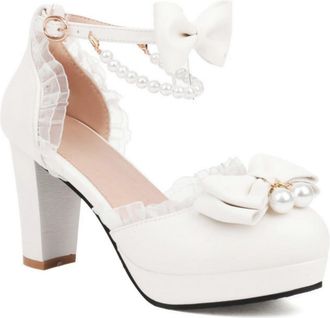 Generic Womens Platform Lolita Shoes Chunky Heel Pearl Pumps Ankle Strap Mary Jane Heels,White,5.5 UK