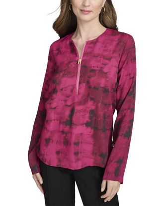 Halston Heritage Long Sleeve Quarter Zip Printed Blouse
