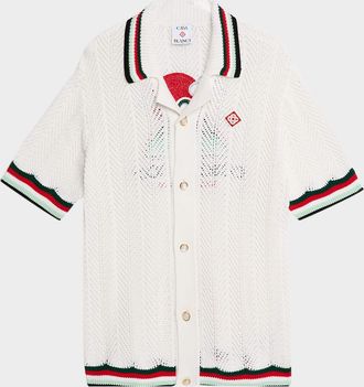 Casablanca Mens Faux Crochet Stripe-Trim Short-Sleeve Shirt