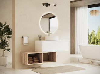 Vente-Unique Mobile per bagno sospeso con lavabo tondo 1 cassetto Bianco e 2 nicchie Naturale chiaro 94 cm - TEANA II