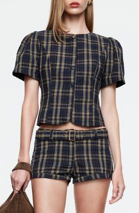 Lioness Femme Plaid Button-Up Top in Navy Lemon Plaid at Nordstrom, Size X-Large