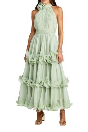 Mac Duggal Chiffon Halter Neck Ruffle Midi Dress with Tiered Skirt in Jade at Nordstrom, Size 10