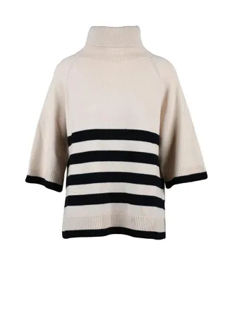 Gran Sasso Short Sleeve Turtleneck Sweater With Navy Stripe Accents
