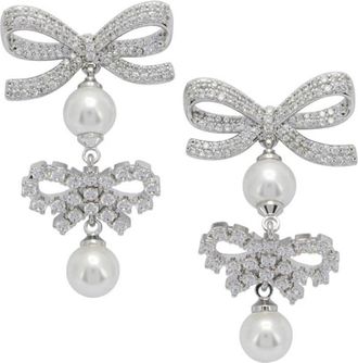 Self Portrait Crystal Bow Pearl Earrings - Dames - Oorbellen - Grijs - ONE Size - Accessoires