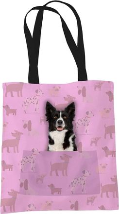 Bang Tidy Clothing Border Collie Sheepdog Gifts for Dog Lovers Owners - Reusable Shopper Shoulder Tote Bags - Cloth Fabric Gift Bag with Dogs on - PINK