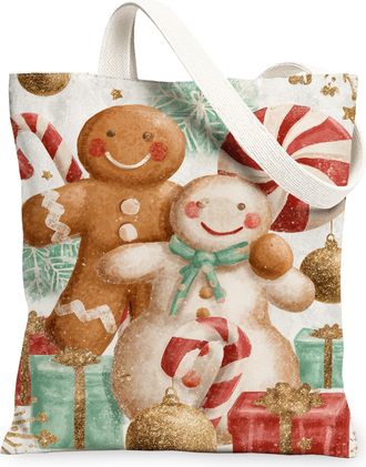 Generic Christmas Gingerbread Canvas Tote Bags, Holiday Pattern Reusable Grocery Bags, Vintage Lightweight Washable Shoulder Strap, Multicolor, 13x15 Inch