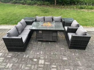 Fimous Rattan Gas Fire Pit Dining Table Sets Heater Lounge Chairs Side Tables 8 Seater in Dark Grey