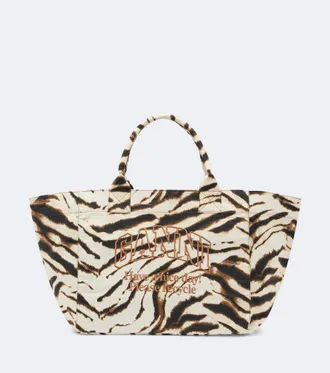 Ganni Large zebra-print canvas tote bag