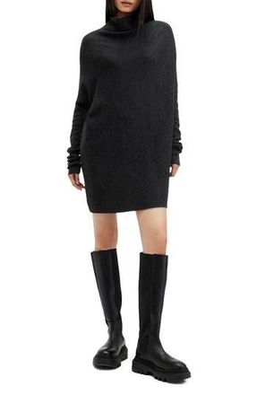 AllSaints Ridley Cowl Neck Long Sleeve Wool & Cashmere Sweater Dress in Cinder Black Marl at Nordstrom Rack, Size Large
